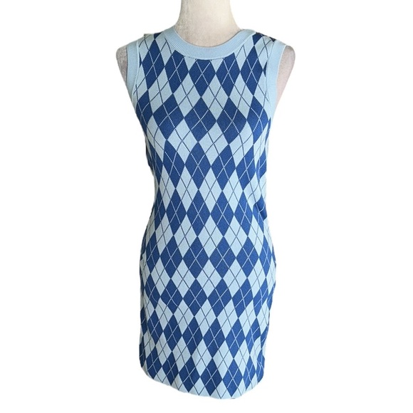 Zara Blue Argyle Diamond Sleeveless Knit Sweater Mini Dress - Blogger Fave - S - Picture 8 of 16
